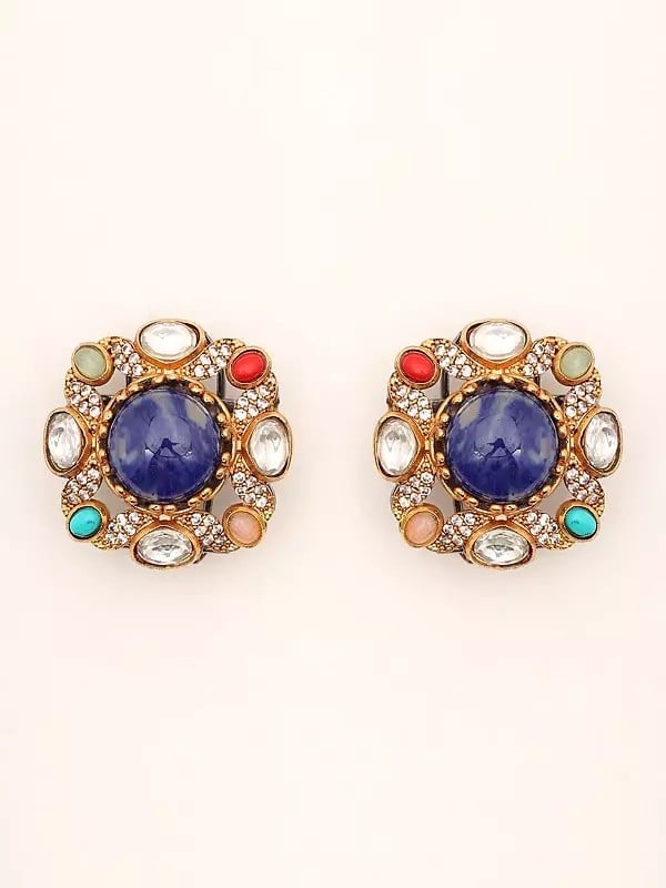Exotic India Square Shape Multi Stone Studded Earrings With Blue Stone In Center