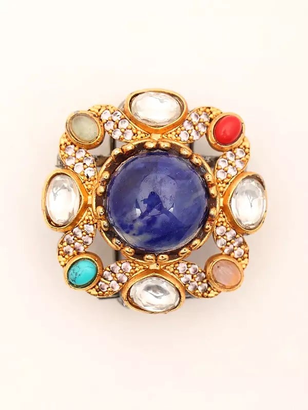 Exotic India Square Shape Multi Stone Studded Earrings With Blue Stone In Center
