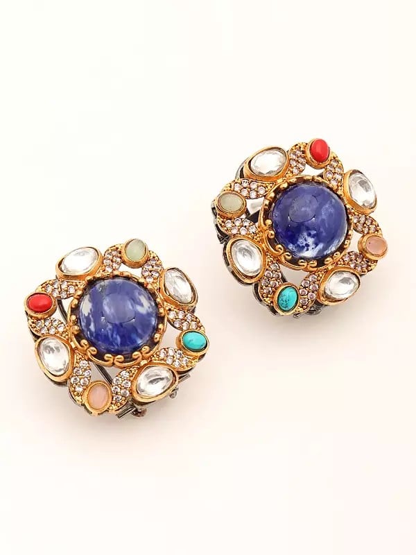 Exotic India Square Shape Multi Stone Studded Earrings With Blue Stone In Center
