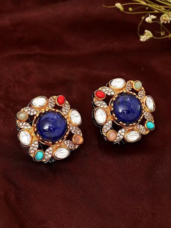 exotic india Square Shape Multi Stone Studded Earrings with Blue Stone In Center 