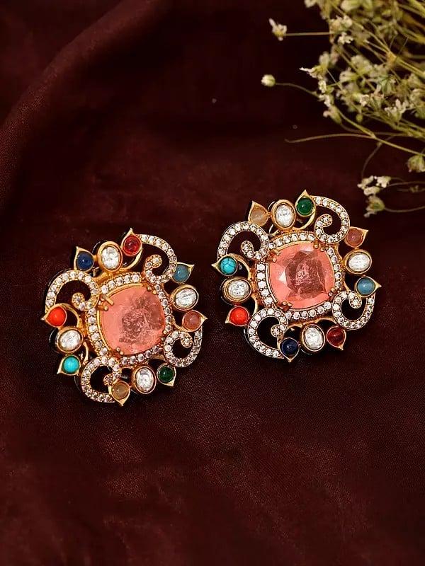 exotic india Square Shape Multi Stone Studded Earrings