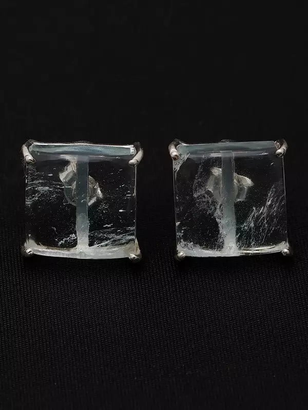 Exotic India Square Shaped Aqua Crackle Gemstone Stud Earrings 