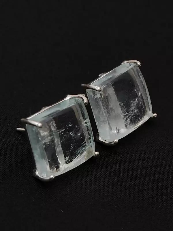 Exotic India Square Shaped Aqua Crackle Gemstone Stud Earrings 