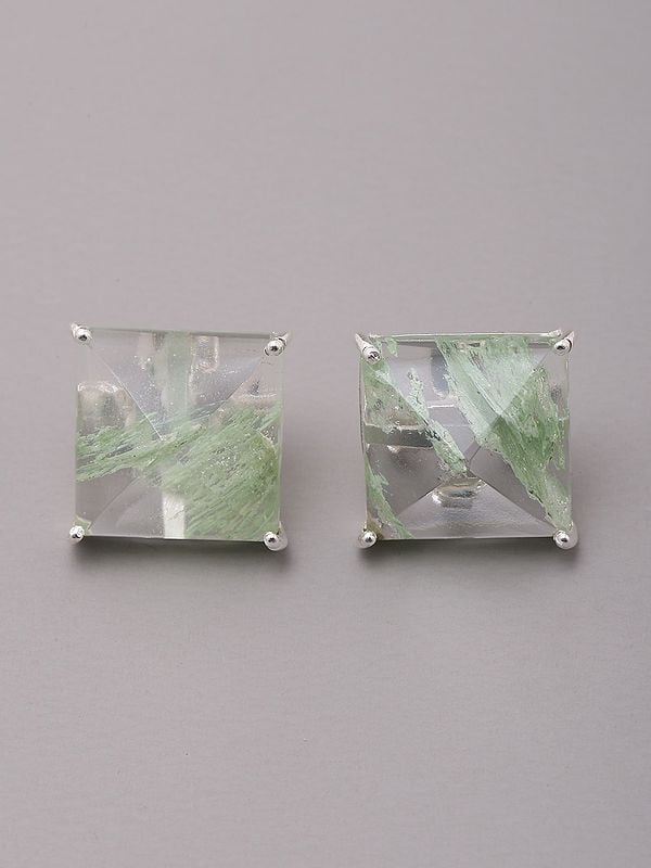 Exotic India Square Shaped Aqua Crackle Gemstone Stud Earrings 