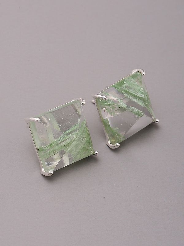 Exotic India Square Shaped Aqua Crackle Gemstone Stud Earrings 