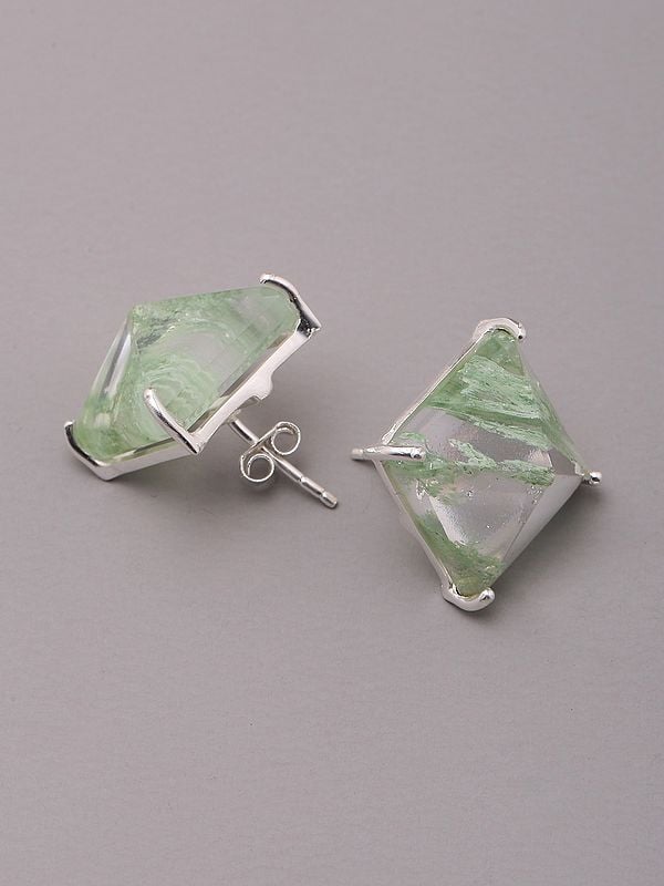 Exotic India Square Shaped Aqua Crackle Gemstone Stud Earrings 