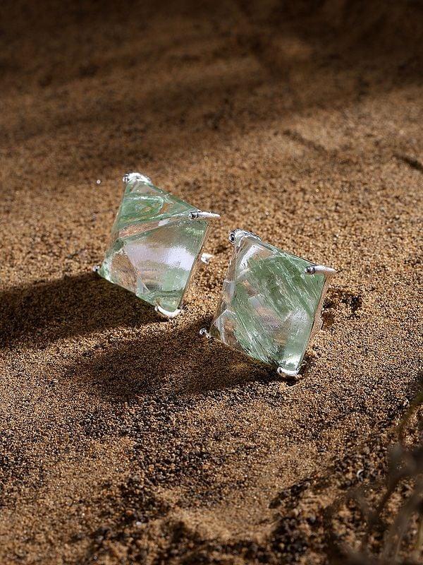exotic india Square Shaped Aqua Crackle Gemstone Stud Earrings 