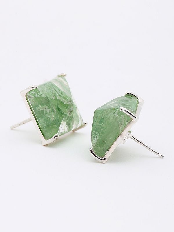 Exotic India Square Shaped Aqua Crackle Gemstone Stud Earrings