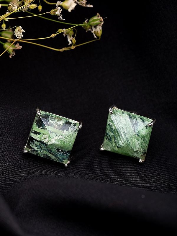 Exotic India Square Shaped Aqua Crackle Gemstone Stud Earrings