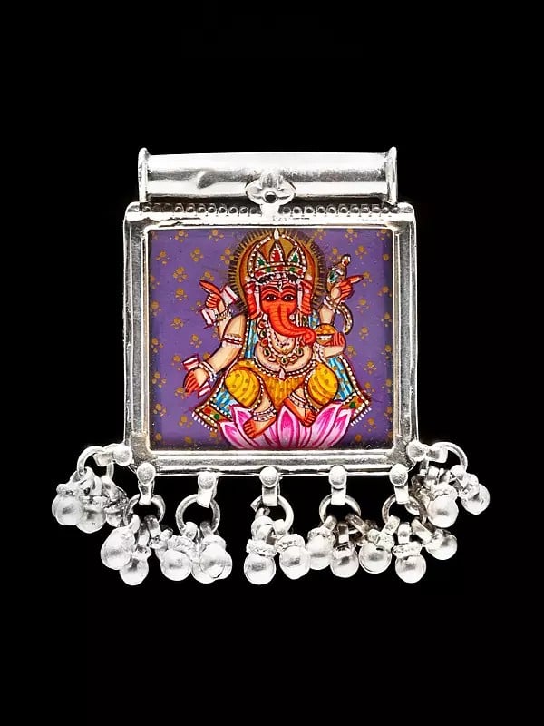 Exotic India Square Shaped Hand-Painted Lord Ganesha Pendant With Ghungroo 