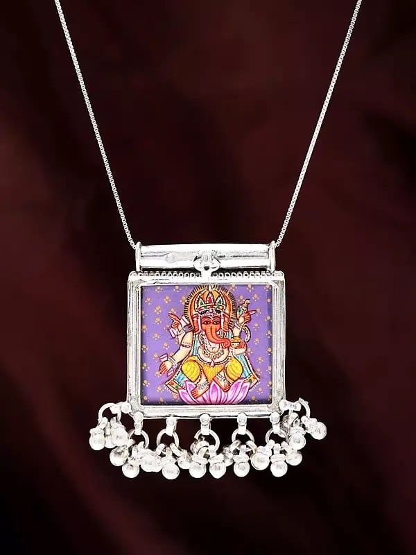 Exotic India Square Shaped Hand-Painted Lord Ganesha Pendant With Ghungroo 
