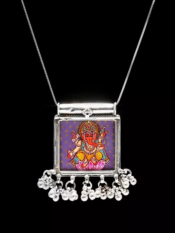 exotic india Square Shaped Hand-Painted Lord Ganesha Pendant with Ghungroo 
