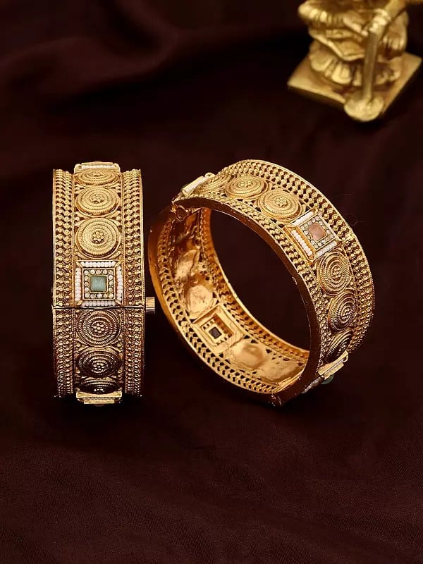 exotic india Square Shaped Stone Studded and Beaded Openable Pair of Bangles