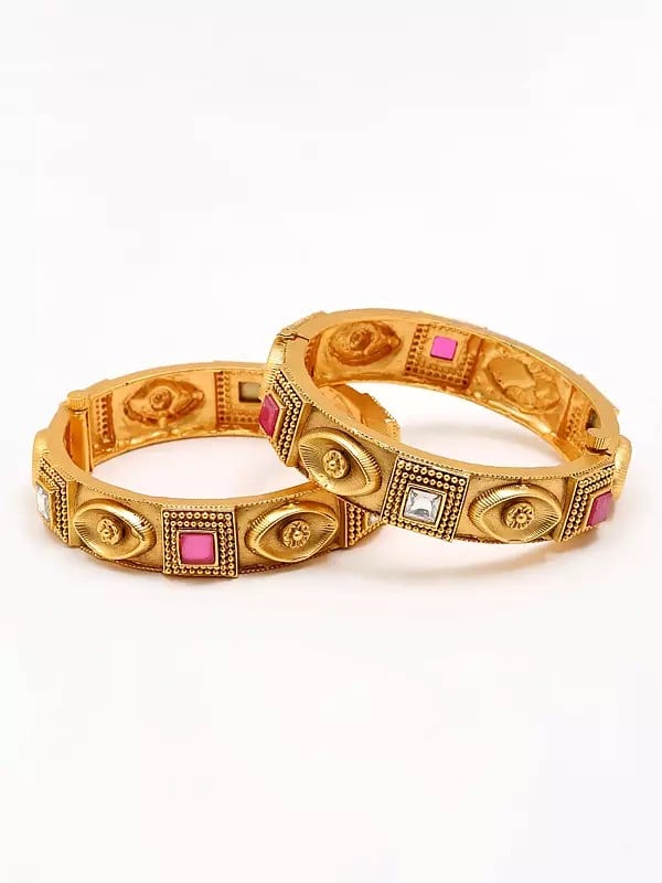 Exotic India Square Shaped Stone Studded Screw Openable Pair Of Bangles