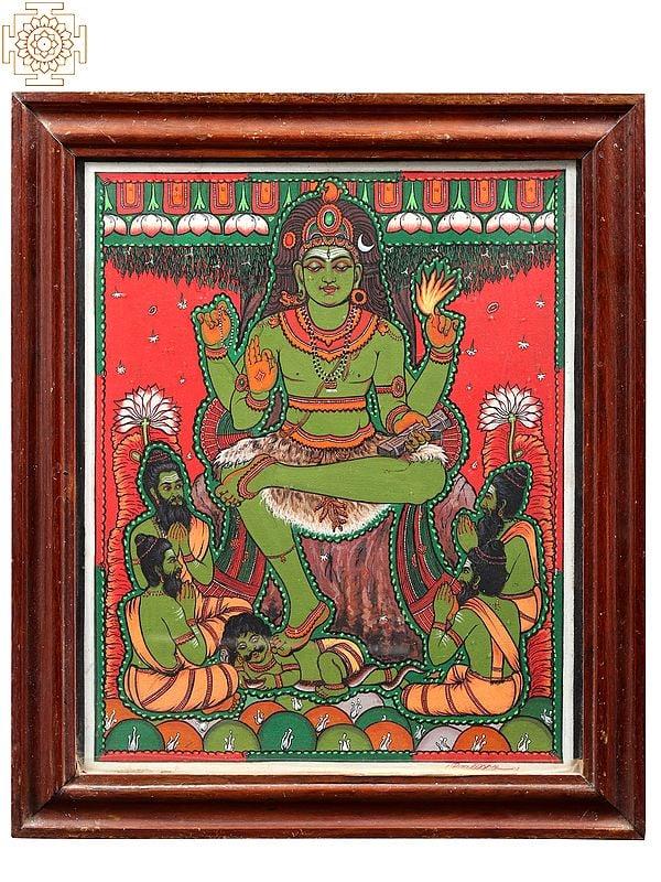 exotic india Sri Dakshinamurthy Glass Painting with Wooden Frame