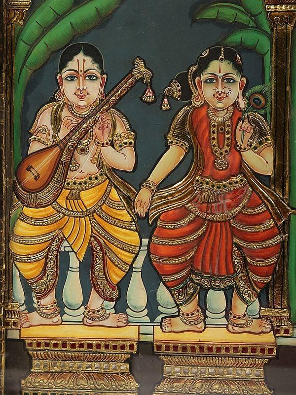 Exotic India Sri Pancha Tattva: Five Truths Of Krishna’s Bhakti - Tanjore Painting With Frame 