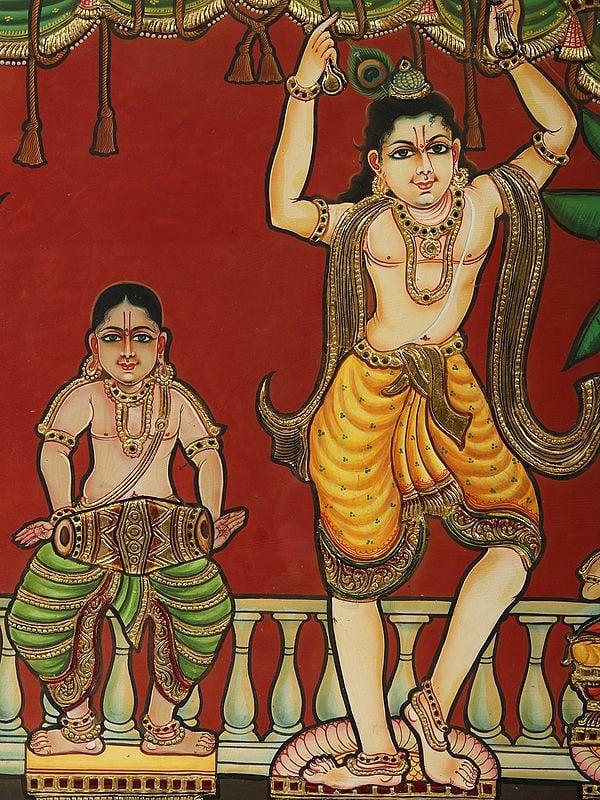 Exotic India Sri Pancha Tattva: Five Truths Of Krishna’s Bhakti - Tanjore Painting With Frame 