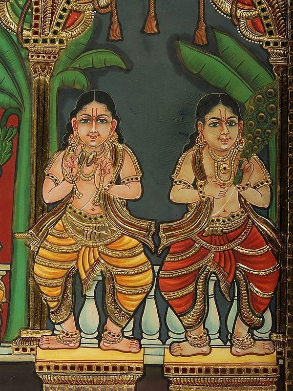 Exotic India Sri Pancha Tattva: Five Truths Of Krishna’s Bhakti - Tanjore Painting With Frame 
