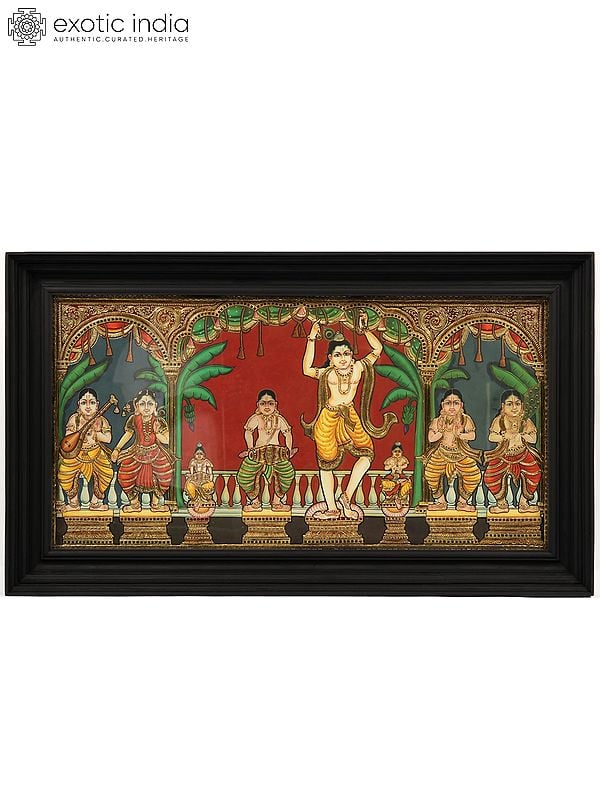 exotic india Sri Pancha Tattva: Five Truths of Krishna’s Bhakti - Tanjore Painting with Frame 