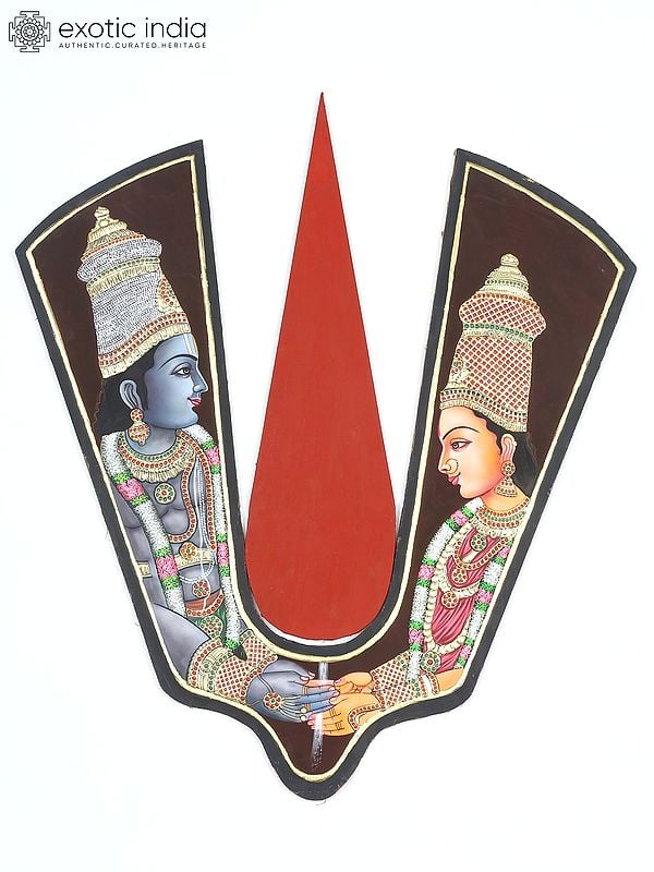 exotic india Srinivasa Kalyanam Under The Vaishnava Tilak | Tanjore Art with Gold Work 