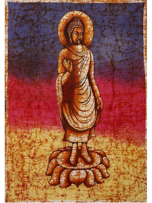 exotic india Standing Buddha Batik Painting on Cotton