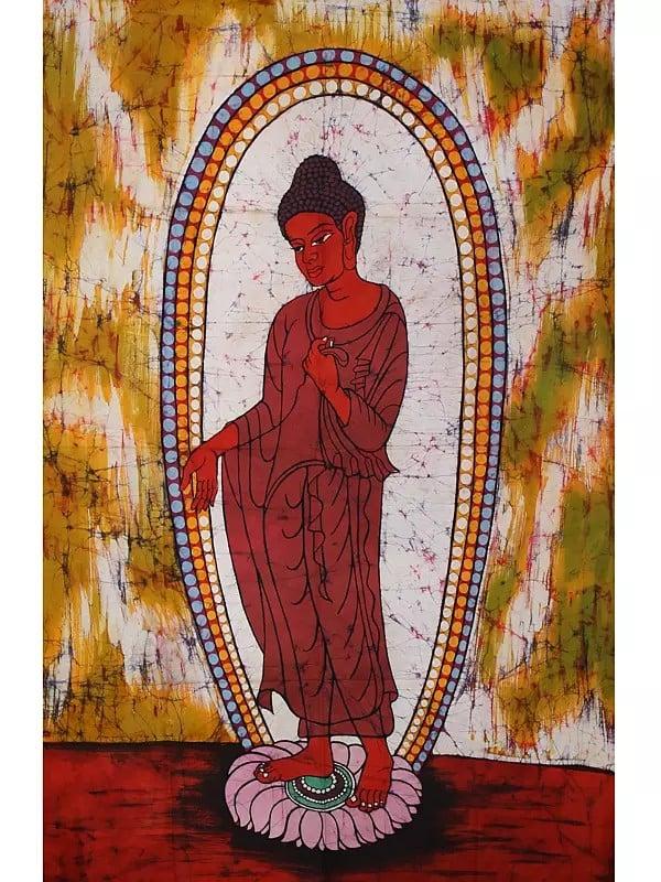 exotic india Standing Buddha In Seedless Calm | Batik Painting