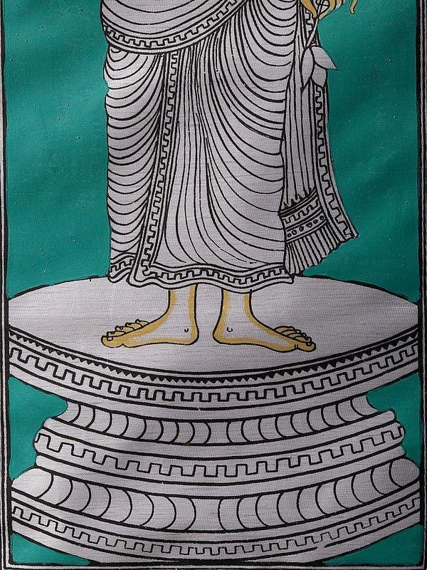 Exotic India Standing Lord Buddha | Watercolor On Silk | Pattachitra Painting