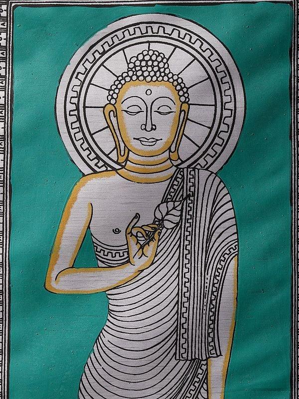 Exotic India Standing Lord Buddha | Watercolor On Silk | Pattachitra Painting