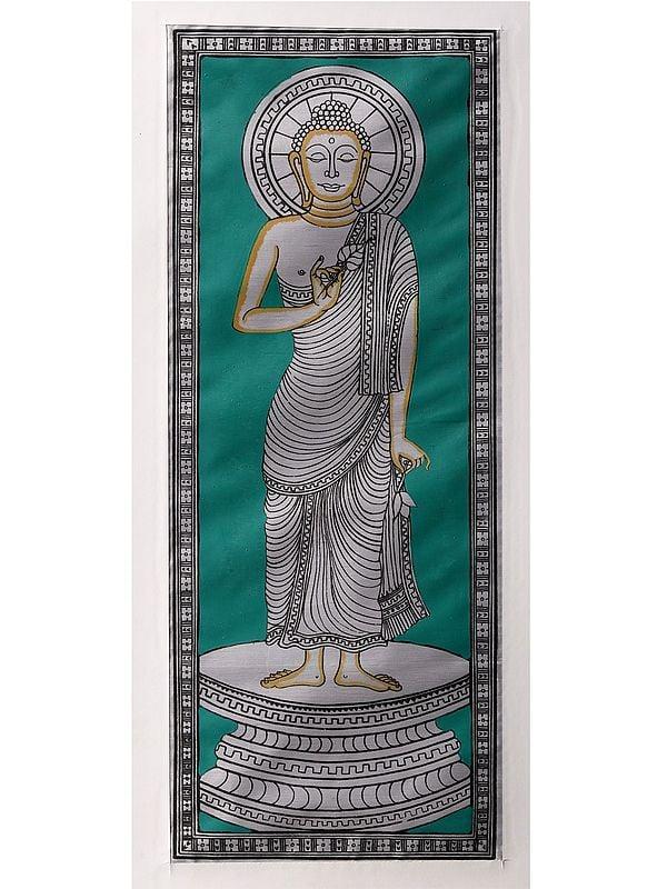 exotic india Standing Lord Buddha | Watercolor on Silk | Pattachitra Painting 