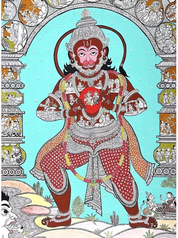 Exotic India Standing Lord Hanuman With Episodes Of Ramayana | Superfine Pattachitra Painting From Odisha 