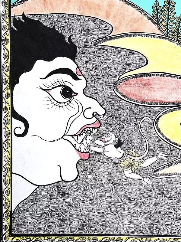 Exotic India Standing Lord Hanuman With Episodes Of Ramayana | Superfine Pattachitra Painting From Odisha 