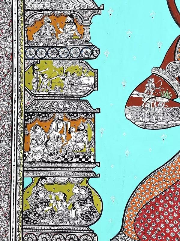 Exotic India Standing Lord Hanuman With Episodes Of Ramayana | Superfine Pattachitra Painting From Odisha 