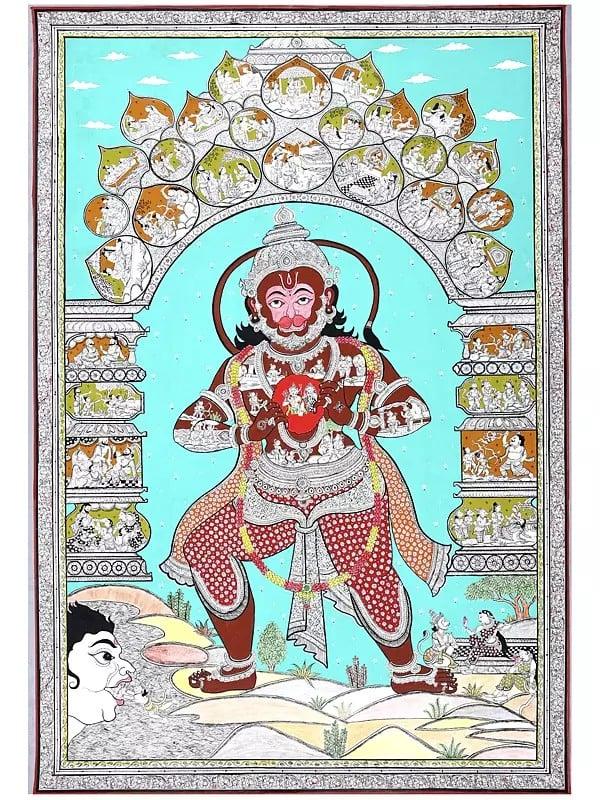 exotic india Standing Lord Hanuman with Episodes of Ramayana | Superfine Pattachitra Painting from Odisha 