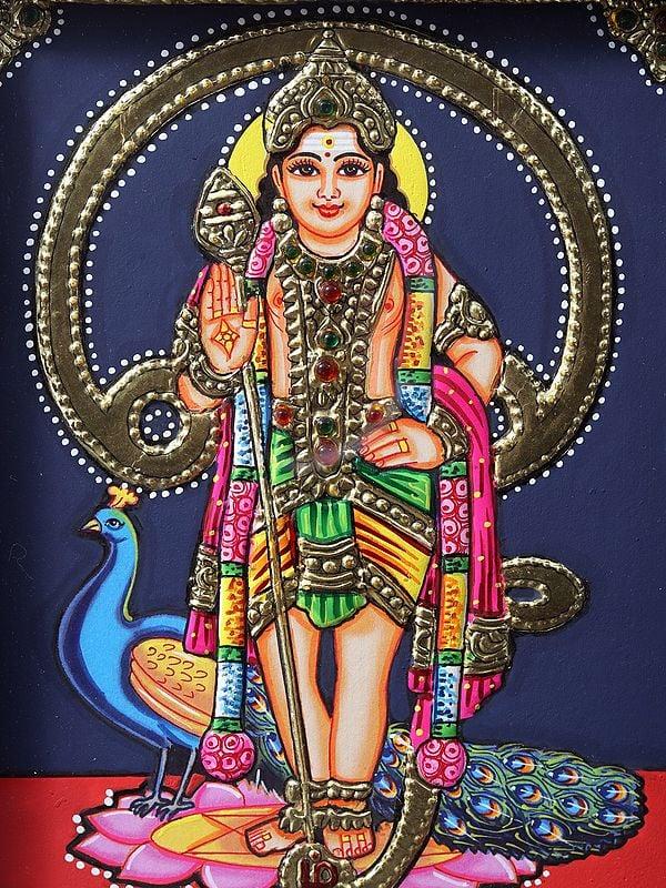 Exotic India Standing Lord Murugan (Karttikeya) | Tanjore Painting With Teakwood Frame