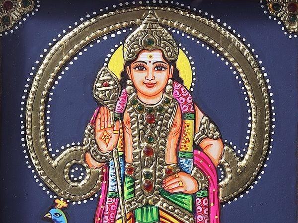 Exotic India Standing Lord Murugan (Karttikeya) | Tanjore Painting With Teakwood Frame