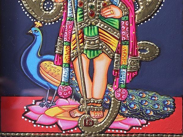 Exotic India Standing Lord Murugan (Karttikeya) | Tanjore Painting With Teakwood Frame