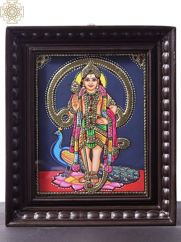 exotic india Standing Lord Murugan (Karttikeya) | Tanjore Painting with Teakwood Frame 
