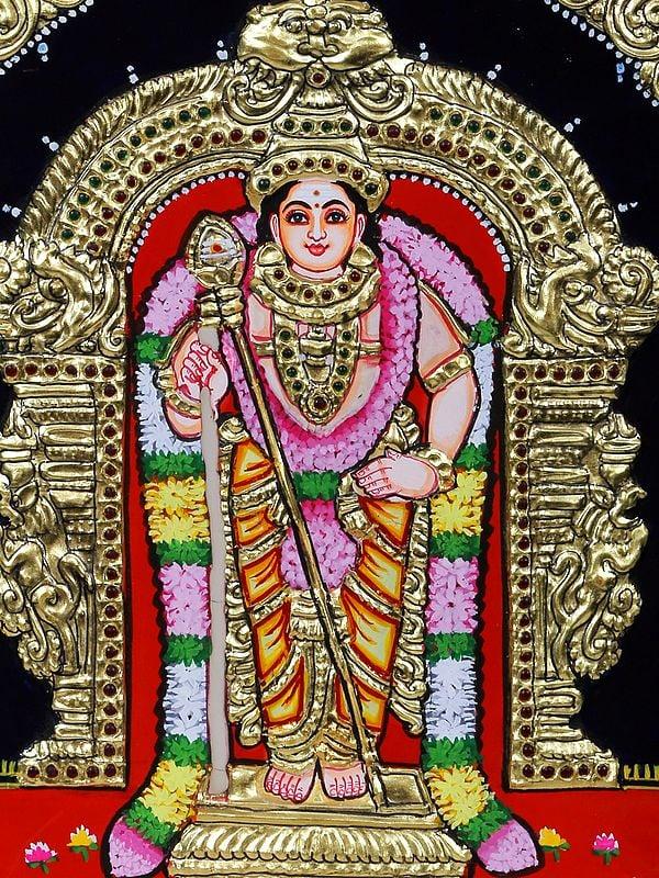 Exotic India Standing Lord Murugan Tanjore Painting | Traditional Colors With 24 Karat Gold | With Frame