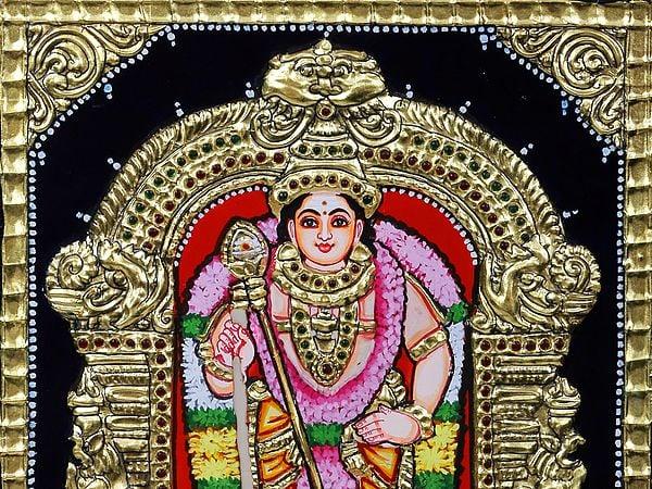 Exotic India Standing Lord Murugan Tanjore Painting | Traditional Colors With 24 Karat Gold | With Frame