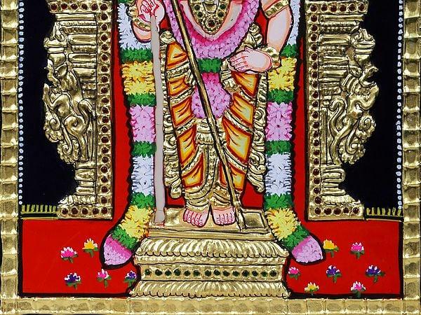 Exotic India Standing Lord Murugan Tanjore Painting | Traditional Colors With 24 Karat Gold | With Frame