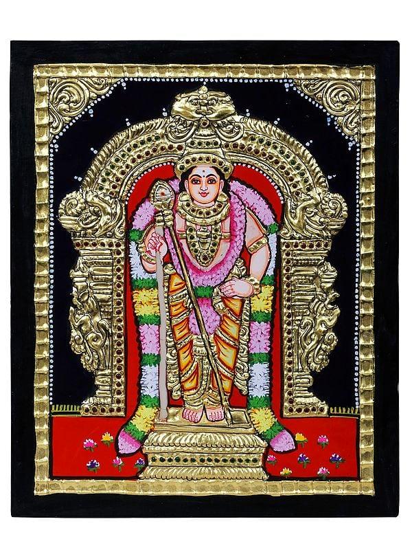 exotic india Standing Lord Murugan Tanjore Painting | Traditional Colors with 24 Karat Gold | With Frame