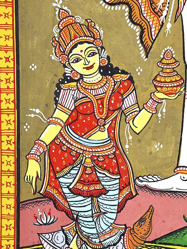 Exotic India Standing Lord Shiva With Devi Ganga And Yamuna | Pattachitra Painting