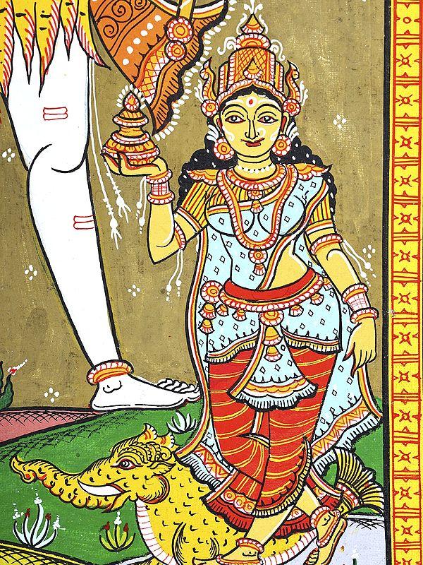 Exotic India Standing Lord Shiva With Devi Ganga And Yamuna | Pattachitra Painting