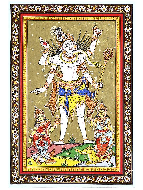 exotic india Standing Lord Shiva with Devi Ganga and Yamuna | Pattachitra Painting 