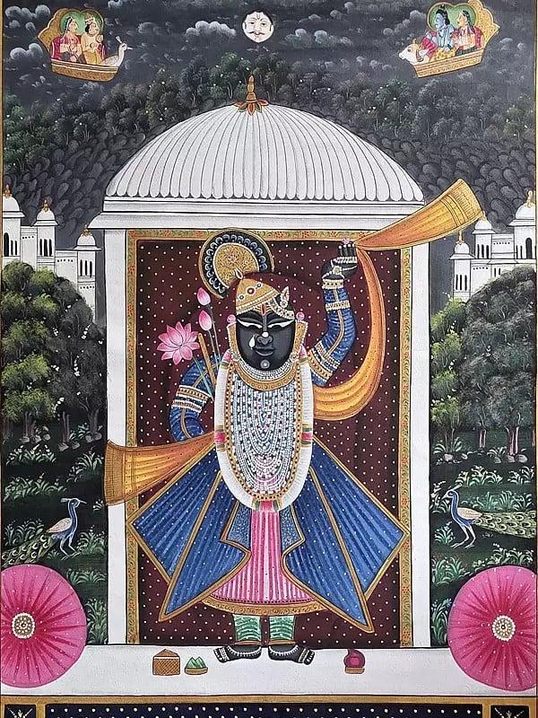 Exotic India Standing Lord Shrinathji | Pichwai Art | Watercolor On Cotton 