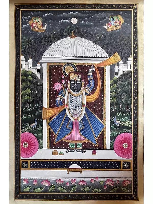 exotic india Standing Lord Shrinathji | Pichwai Art | Watercolor On Cotton 