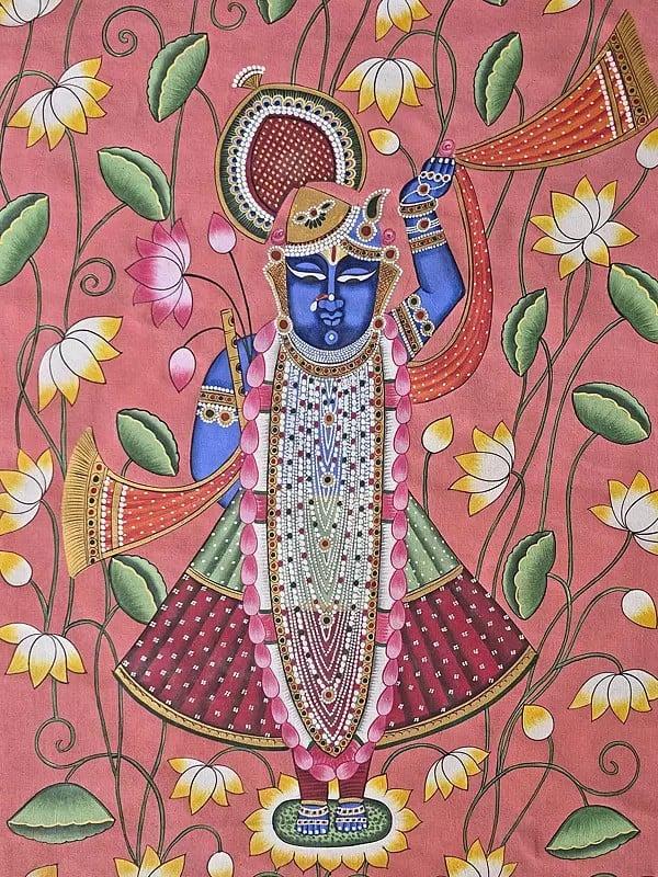 Exotic India Standing Lord Shrinathji With Lotus | Pichwai Art | Watercolor On Cotton 