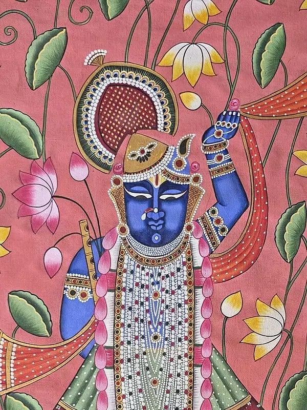 Exotic India Standing Lord Shrinathji With Lotus | Pichwai Art | Watercolor On Cotton 