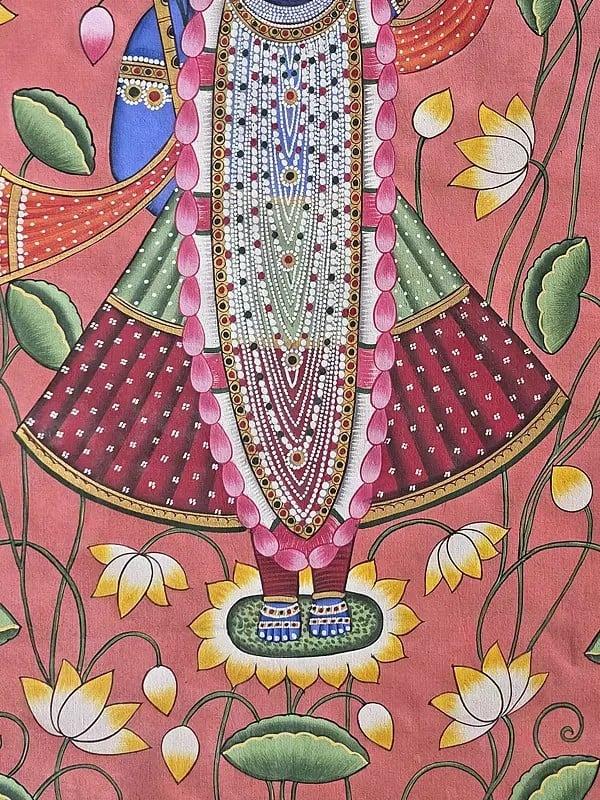 Exotic India Standing Lord Shrinathji With Lotus | Pichwai Art | Watercolor On Cotton 