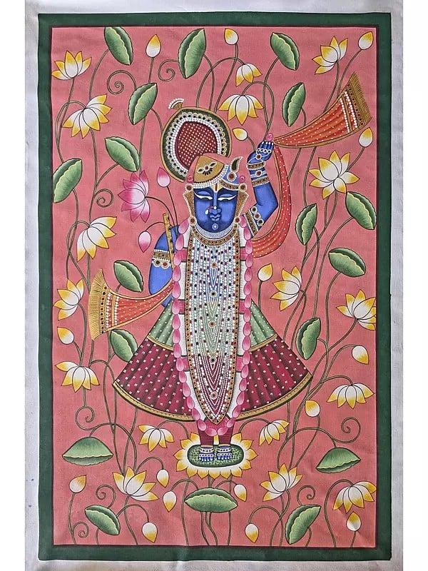 exotic india Standing Lord Shrinathji With Lotus | Pichwai Art | Watercolor On Cotton 